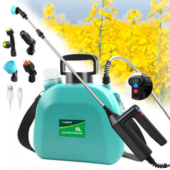 Battery Powered Sprayer 1.35Gallon, Upgrade Electric Sprayer with 3 Mist Nozzles, USB Rechargeable Handle and Retractable Wand, Garden Sprayer with Adjustable Shoulder Strap for Lawn,Garden,Cleaning