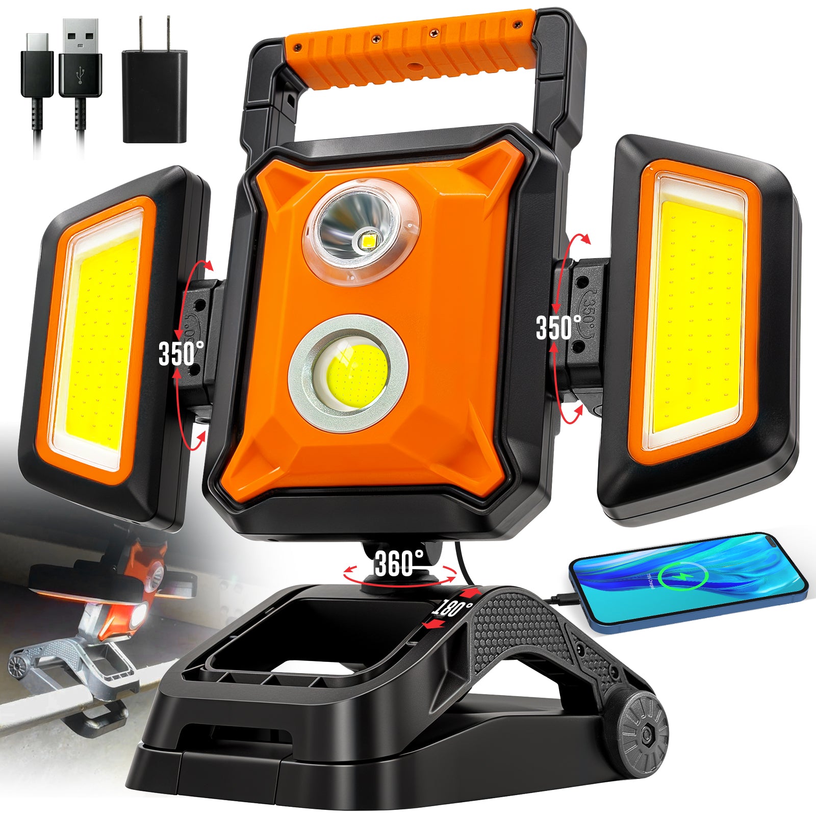 Magnetic Work Light Rechargeable, 40W Cordless LED Work Light with Cla ...