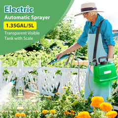 Battery Powered Sprayer, Upgraded 1.35 Gallon Electric Garden Sprayer with Battery Indicator, 23.6" Telescopic Wand, 3 Mist Nozzles, Shoulder Type Weed Sprayer for Yard, Lawn and Garden