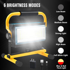 Led Work Light Rechargeable, Waterproof Battery Powered Worklight, 7000 Lumen Super Bright Portable Flood Light with 6 Modes for Outdoor, Garage, Construction, Emergency, Camping