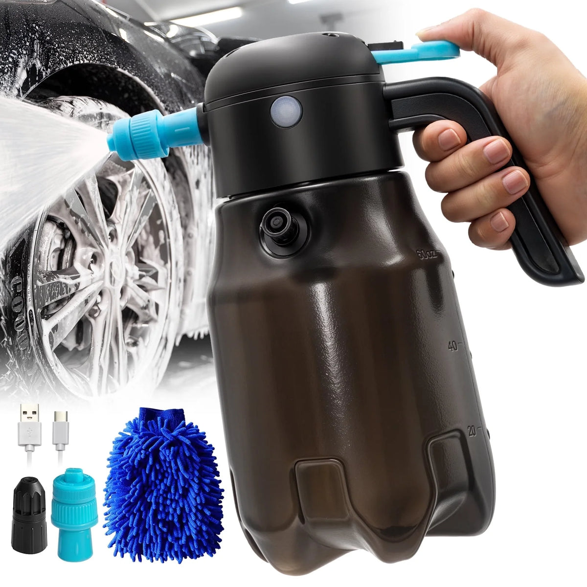 68oz/2L Electric Foam Sprayer, 60PSI Battery Powered Car Foam Sprayer with 2 Adjustable Nozzles, Rechargeable Cordless Foaming Spray for Car Wash Detailing Garden