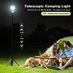 360° Rechargeable Work Light with Remote &Telescopic Stand (8.4Ft), 3000LM Ultra Bright 3CCT Dimmable, 6000mAh Battery, Portable Camping Light for Jobsite Workshop Sports Emergencies
