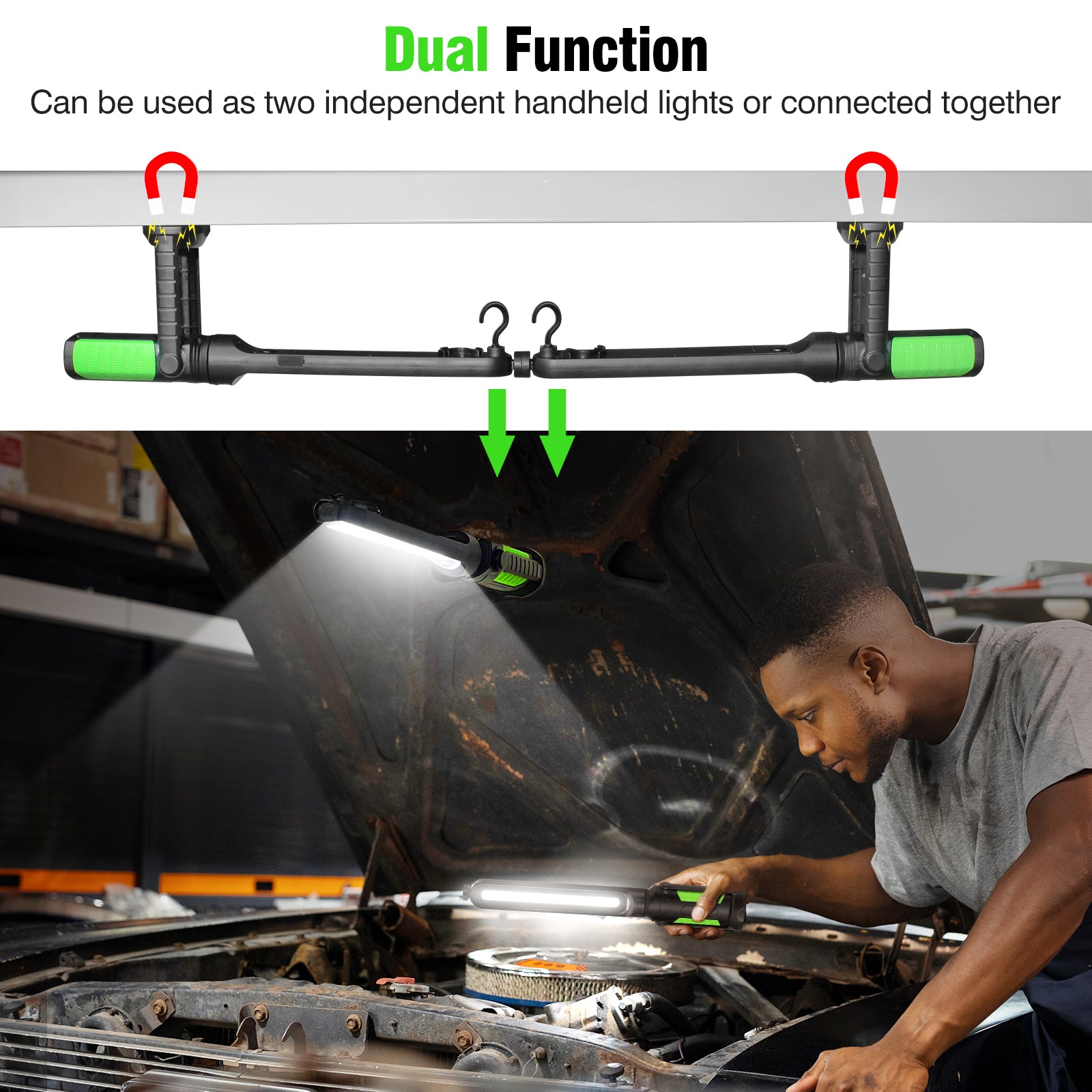 Work Light for Mechanic, 2400LM LED, 4400mAh Rechargeable, Magnetic, Underhood Work Light with Hooks for Car Repairing/Inspection/Garage/Workshop/Emergency