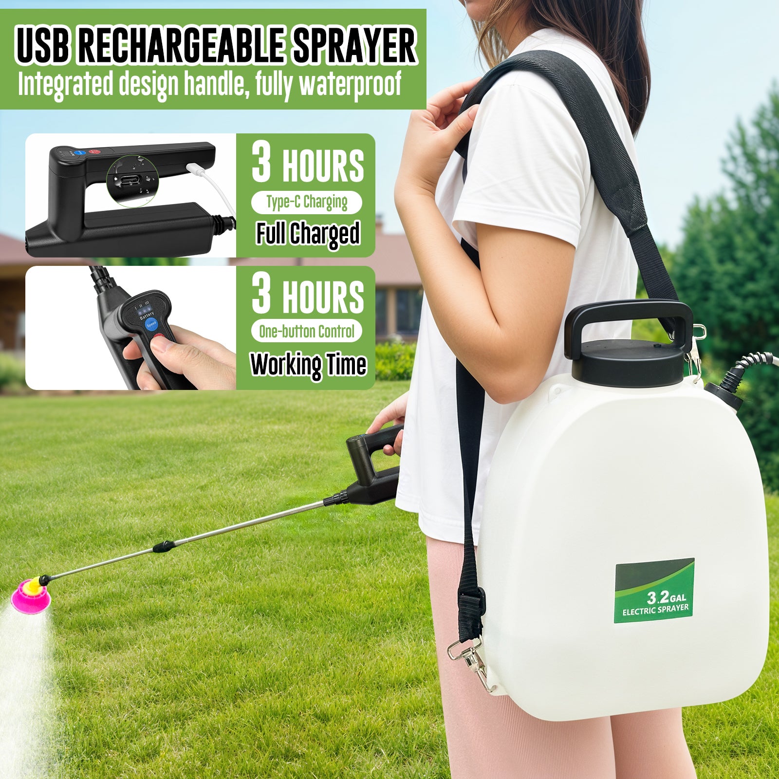 Battery Powered Sprayer 3.2 Gallon, Battery Backpack Sprayer with USB Rechargeable Handle, 5 Mist Nozzles, 32" Telescopic Wand, Electric Back Pack Sprayer for Yard, Lawn and Garden