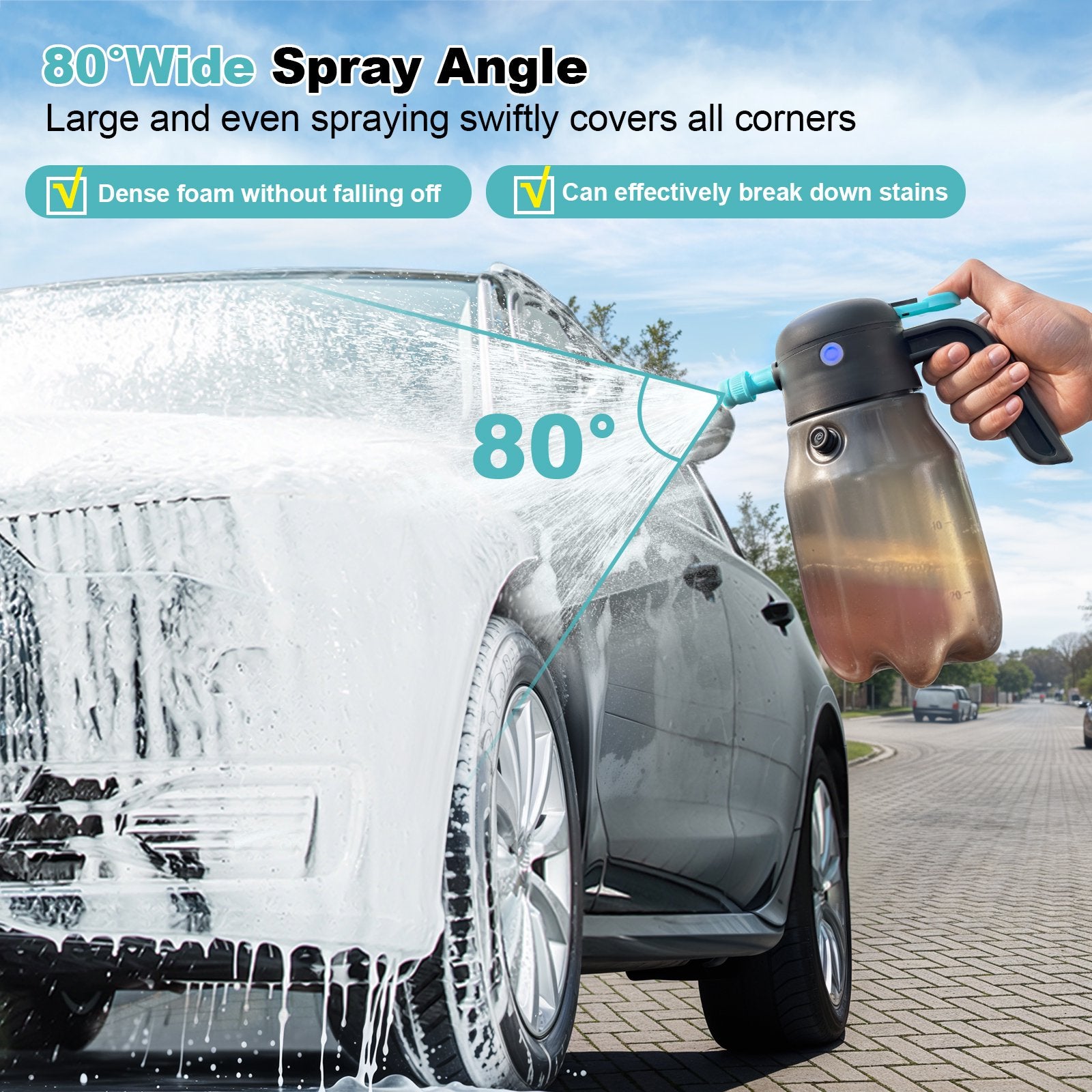 68oz/2L Electric Foam Sprayer, 60PSI Battery Powered Car Foam Sprayer with 2 Adjustable Nozzles, Rechargeable Cordless Foaming Spray for Car Wash Detailing Garden