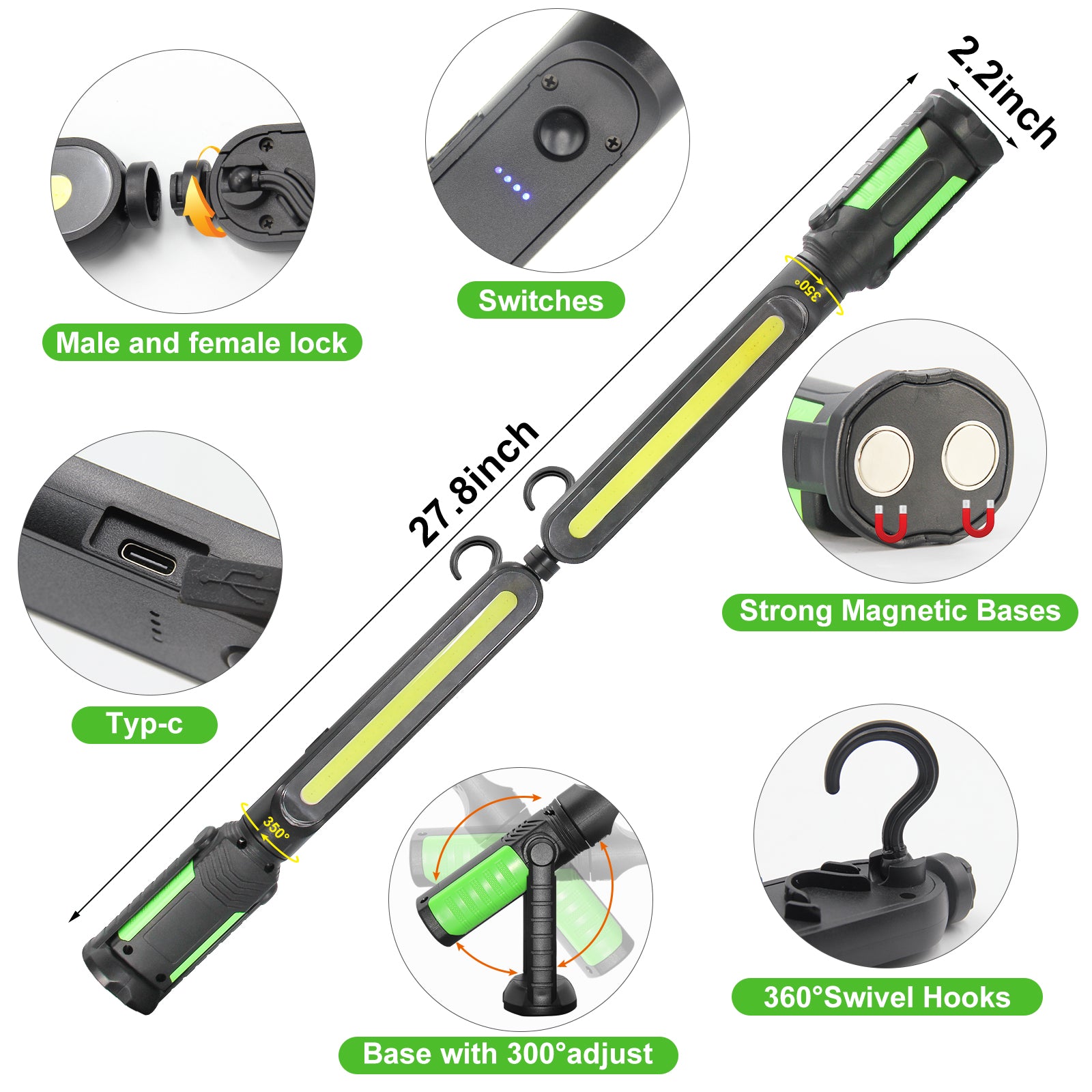 Work Light for Mechanic, 2400LM LED, 4400mAh Rechargeable, Magnetic, Underhood Work Light with Hooks for Car Repairing/Inspection/Garage/Workshop/Emergency