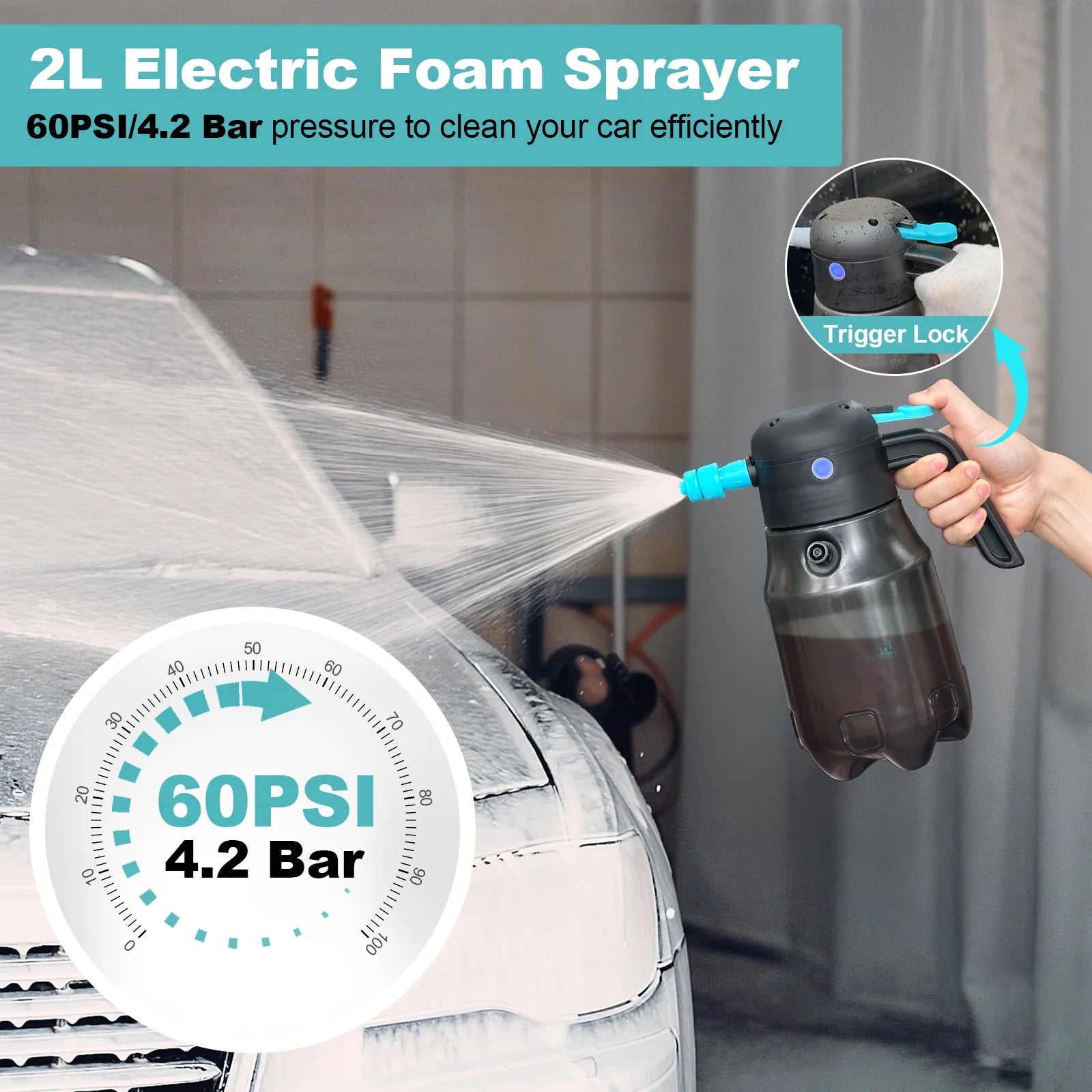 68oz/2L Electric Foam Sprayer, 60PSI Battery Powered Car Foam Sprayer with 2 Adjustable Nozzles, Rechargeable Cordless Foaming Spray for Car Wash Detailing Garden
