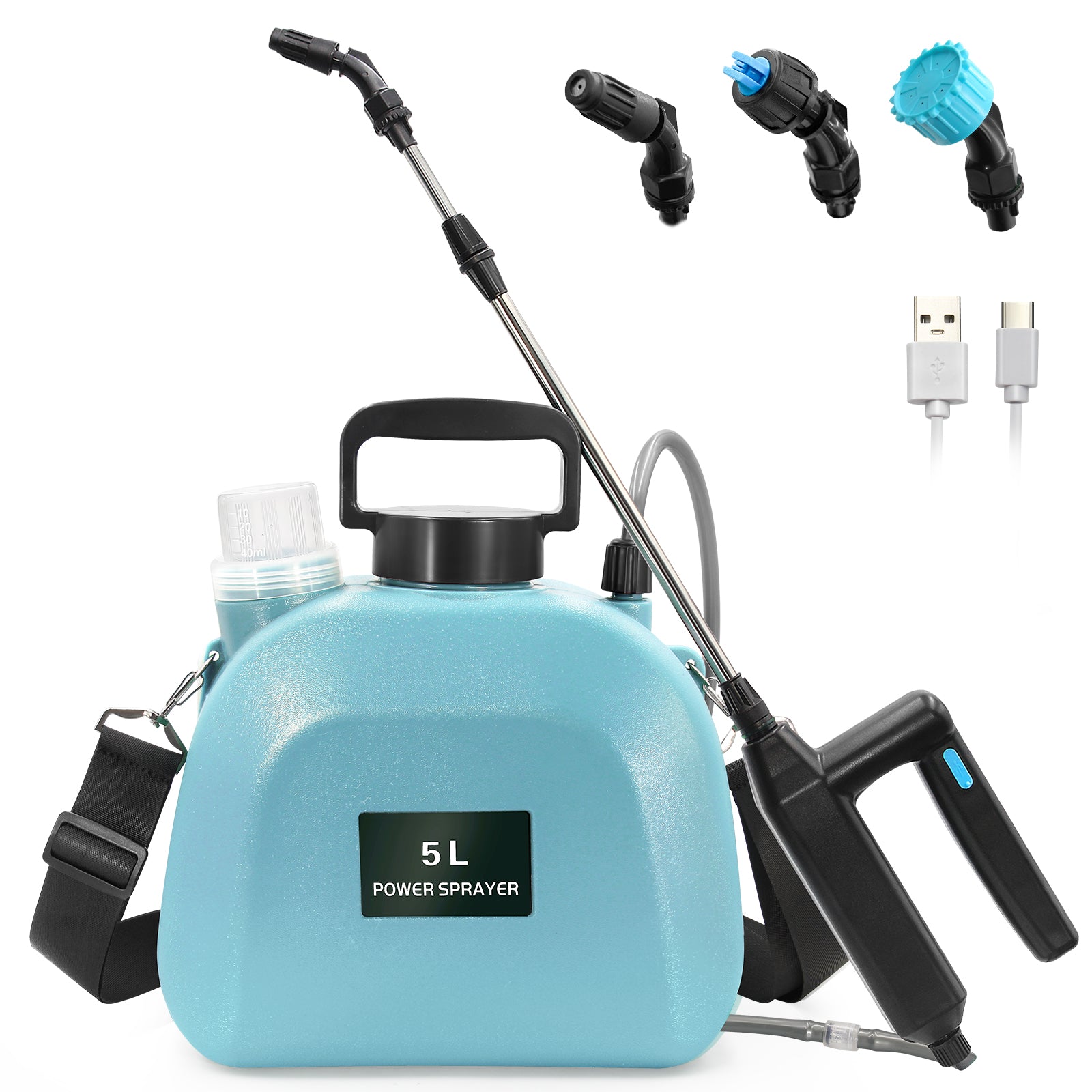 Battery Powered Sprayer 1.35Gallon, Upgrade Electric Sprayer with 3 Mist Nozzles, USB Rechargeable Handle and Retractable Wand, Garden Sprayer with Adjustable Shoulder Strap for Lawn,Garden,Cleaning