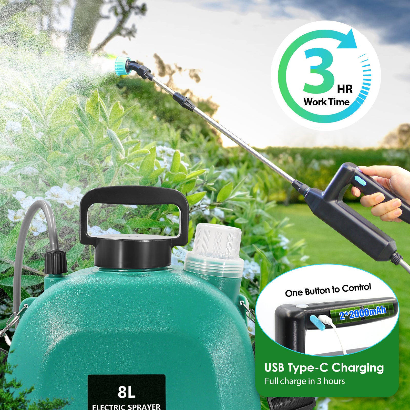 2 Gallon/8L Battery Operated Garden Sprayer - Durable and Easy to Use