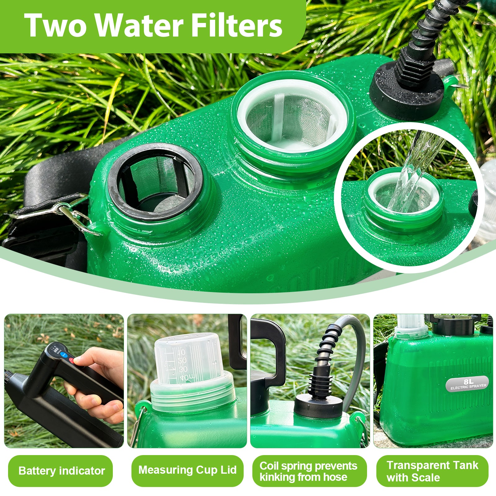 Battery Powered Sprayer 2 Gallon, 2025 New Electric Garden Sprayer with 3 Spray Force, Battery Indicator, Rechargeable Handle, 23.6" Telescopic Wand,4 Mist Nozzles,Shoulder Strap, for Lawn and Garden