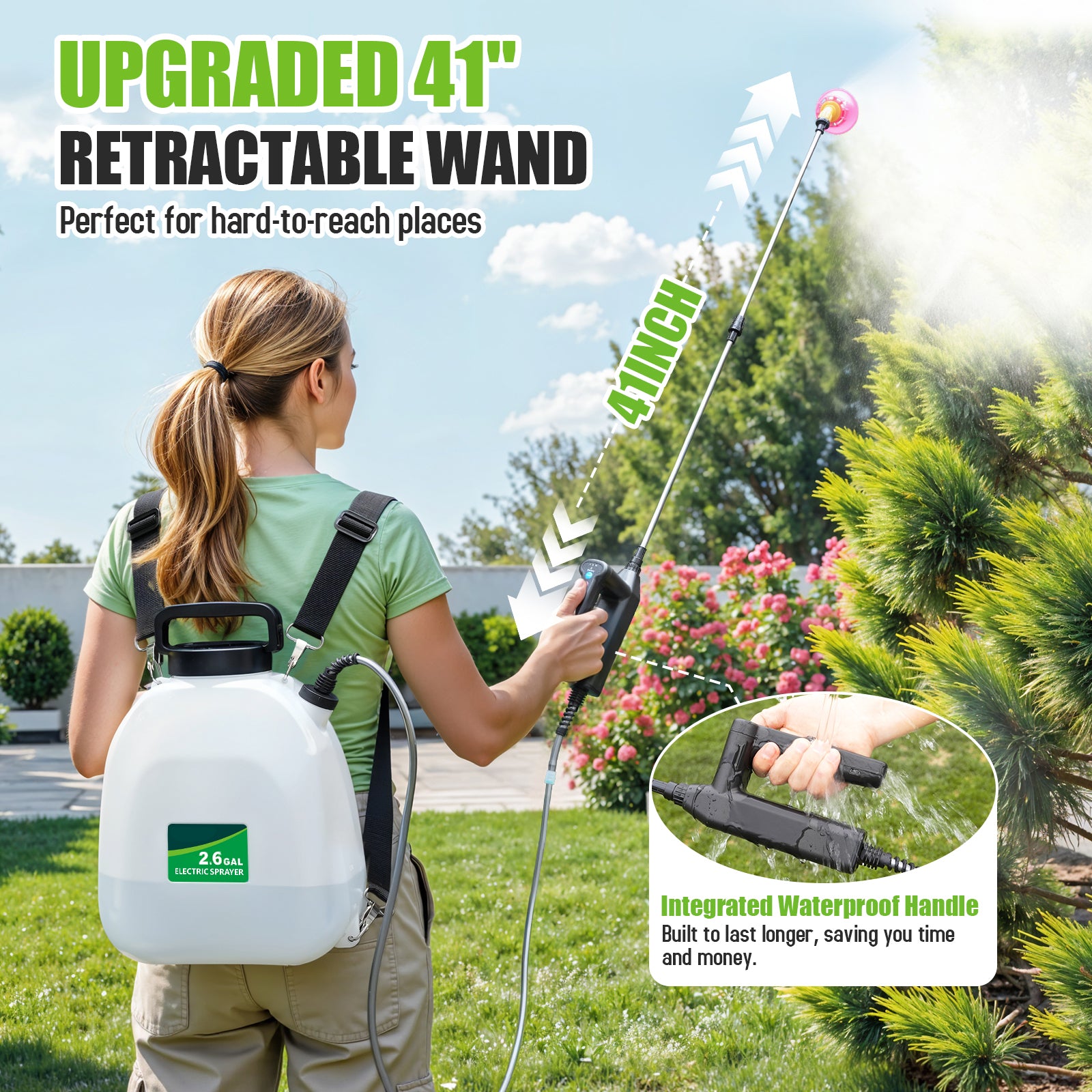 Battery Powered Sprayer 2.6 gallon, Electric Backpack Garden Sprayer with 5 Nozzles & 32" Telescopic Wand, Rechargeable Weed Sprayer for Lawn, Yard
