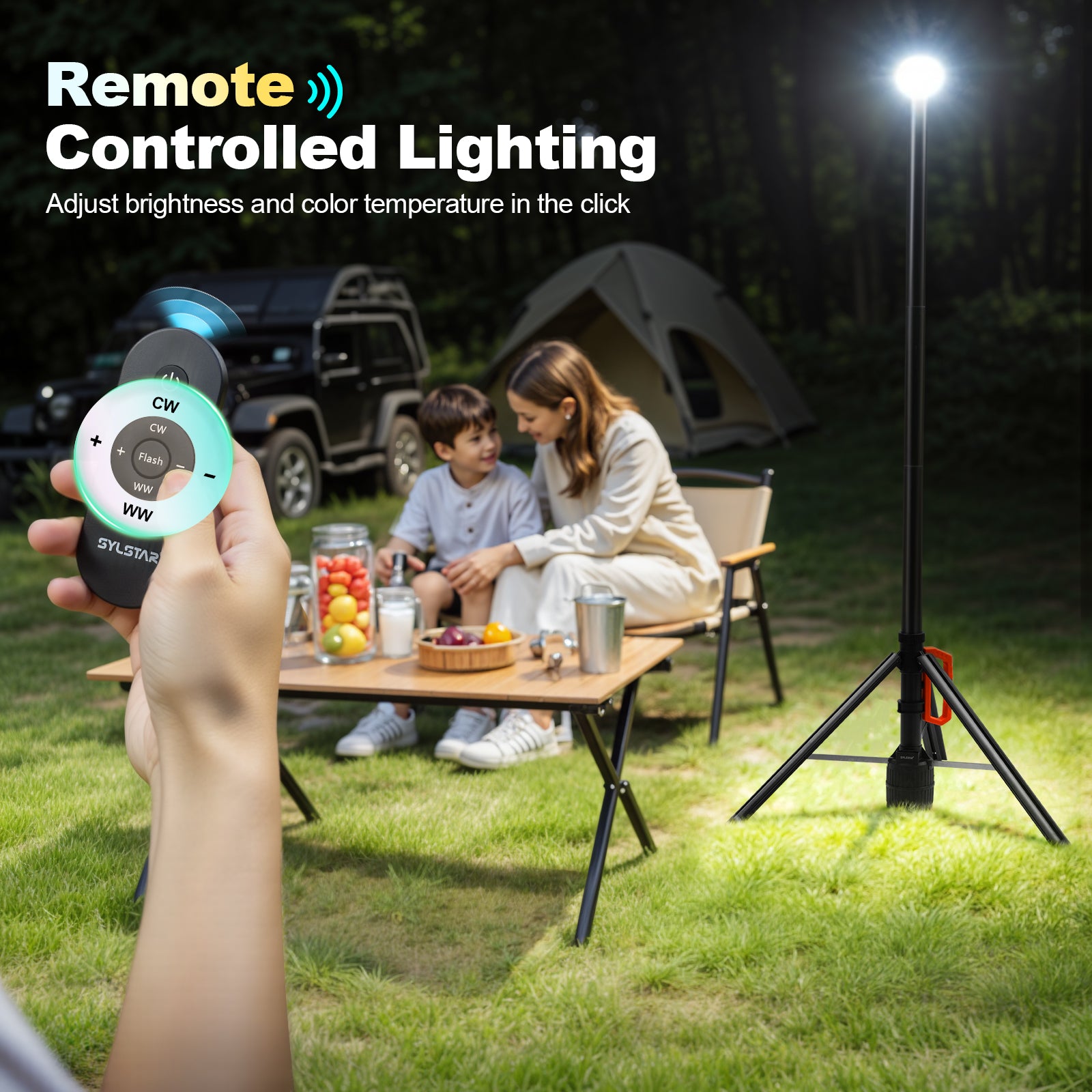 360° Rechargeable Work Light with Remote &Telescopic Stand (8.4Ft), 3000LM Ultra Bright 3CCT Dimmable, 6000mAh Battery, Portable Camping Light for Jobsite Workshop Sports Emergencies