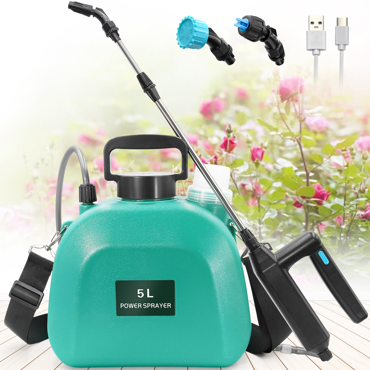 Battery Powered Sprayer 1.35Gallon, Upgrade Electric Sprayer with 3 Mist Nozzles, USB Rechargeable Handle and Retractable Wand, Garden Sprayer with Adjustable Shoulder Strap for Lawn,Garden,Cleaning