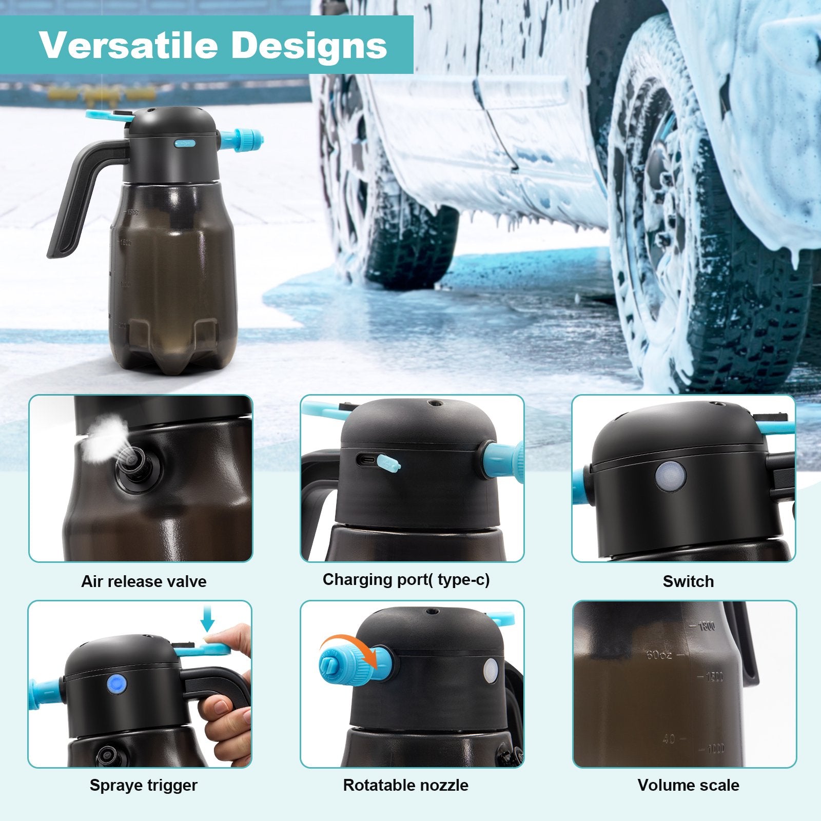 68oz/2L Electric Foam Sprayer, 60PSI Battery Powered Car Foam Sprayer with 2 Adjustable Nozzles, Rechargeable Cordless Foaming Spray for Car Wash Detailing Garden