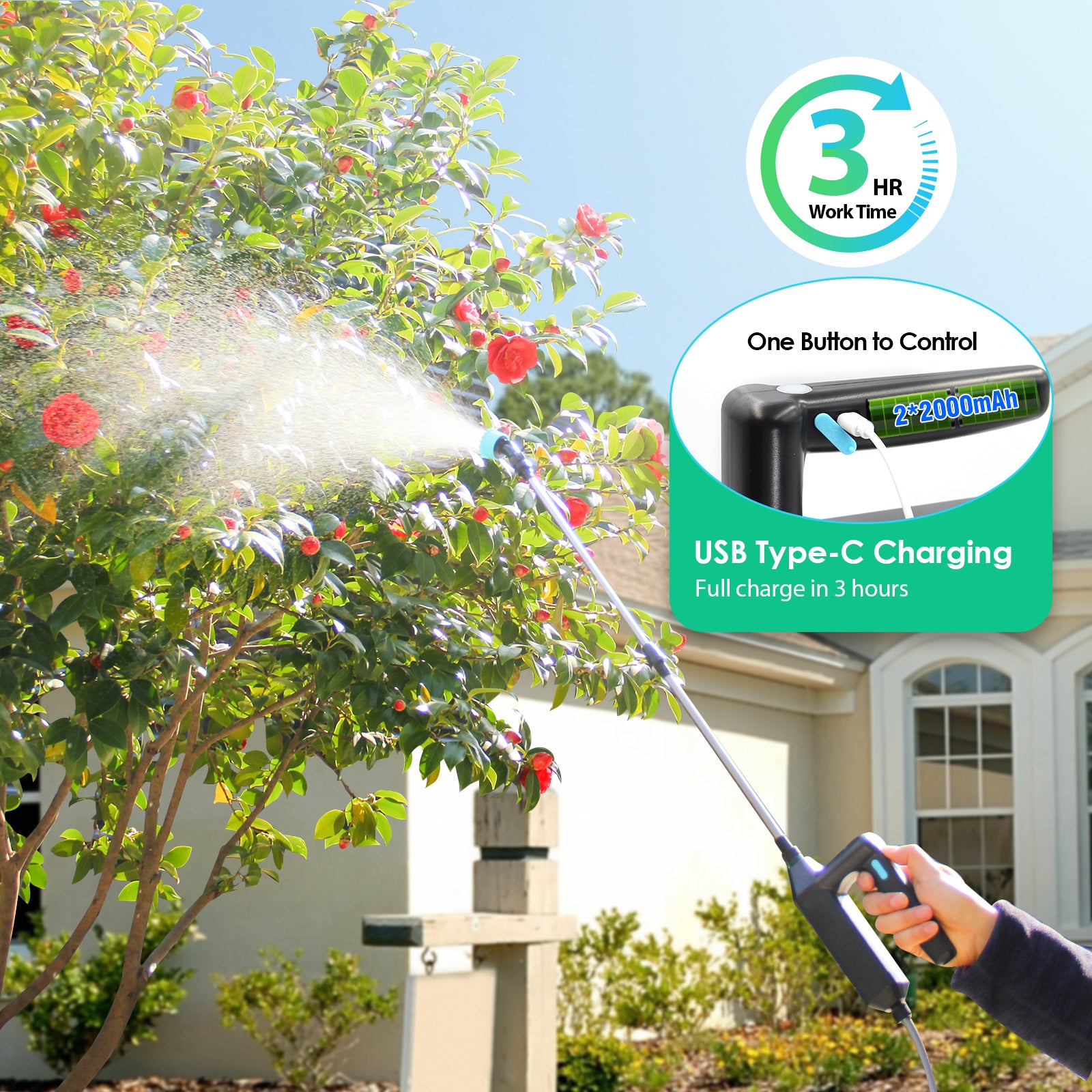 Battery Powered Garden Sprayer 2 Gallon, Powerful Electric Backpack Sprayer, Weed Yard Lawn Sprayer with 3 Mist Nozzles & Retractable Wand