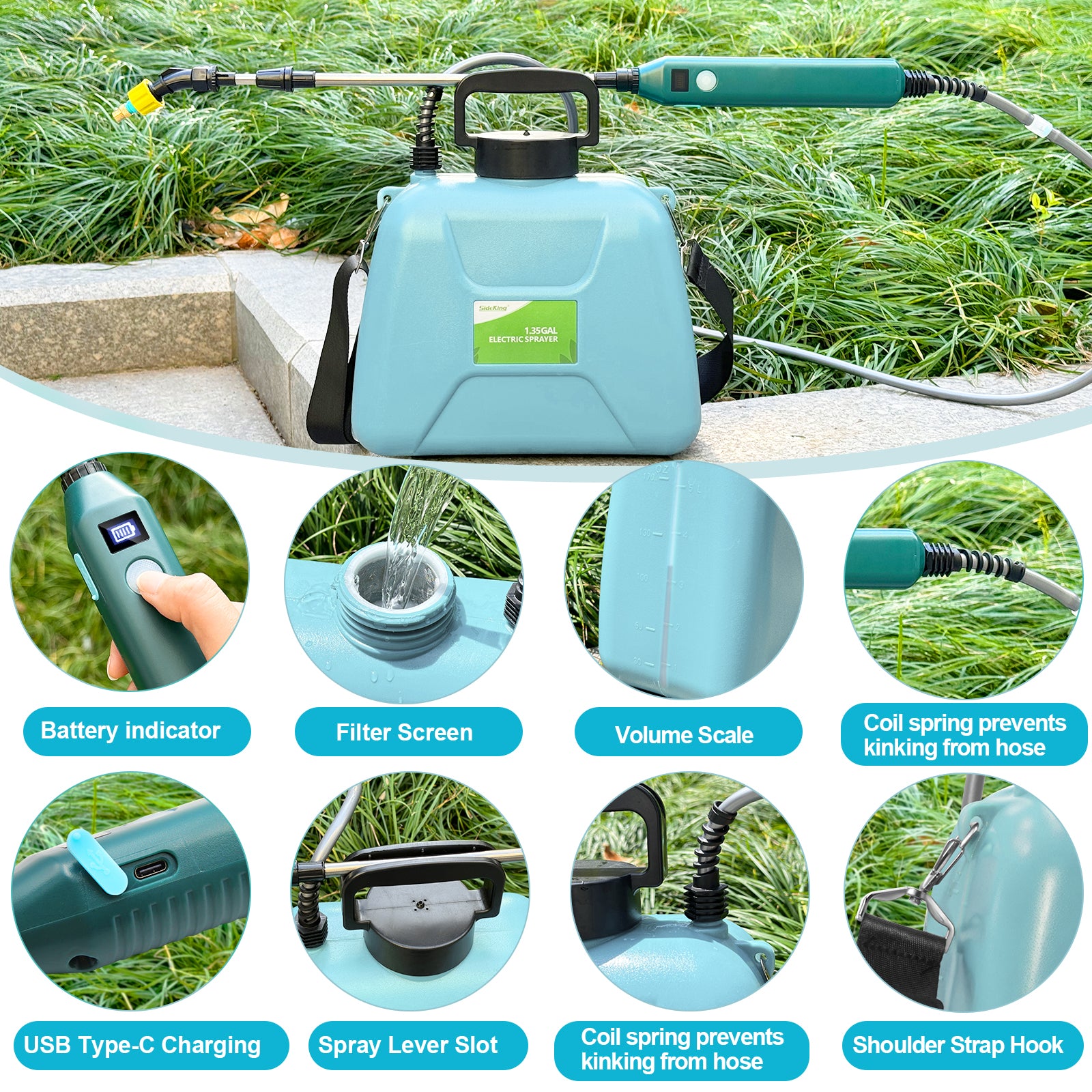 1.35 Gallon/5L USB Rechargeable Electric Sprayer with Battery Indicator