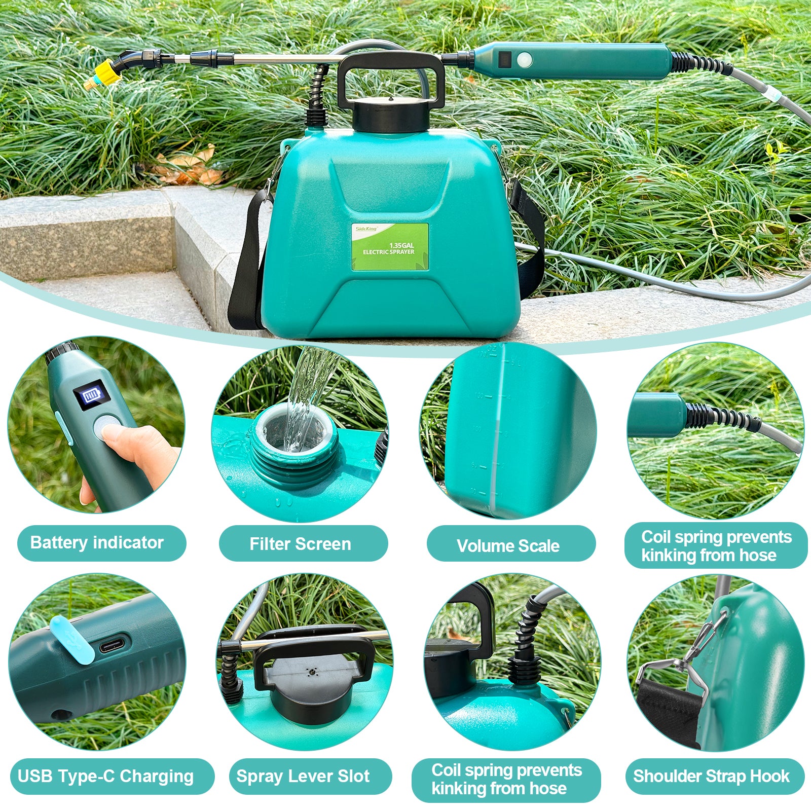 1.35 Gallon/5L USB Rechargeable Electric Sprayer with Battery Indicator