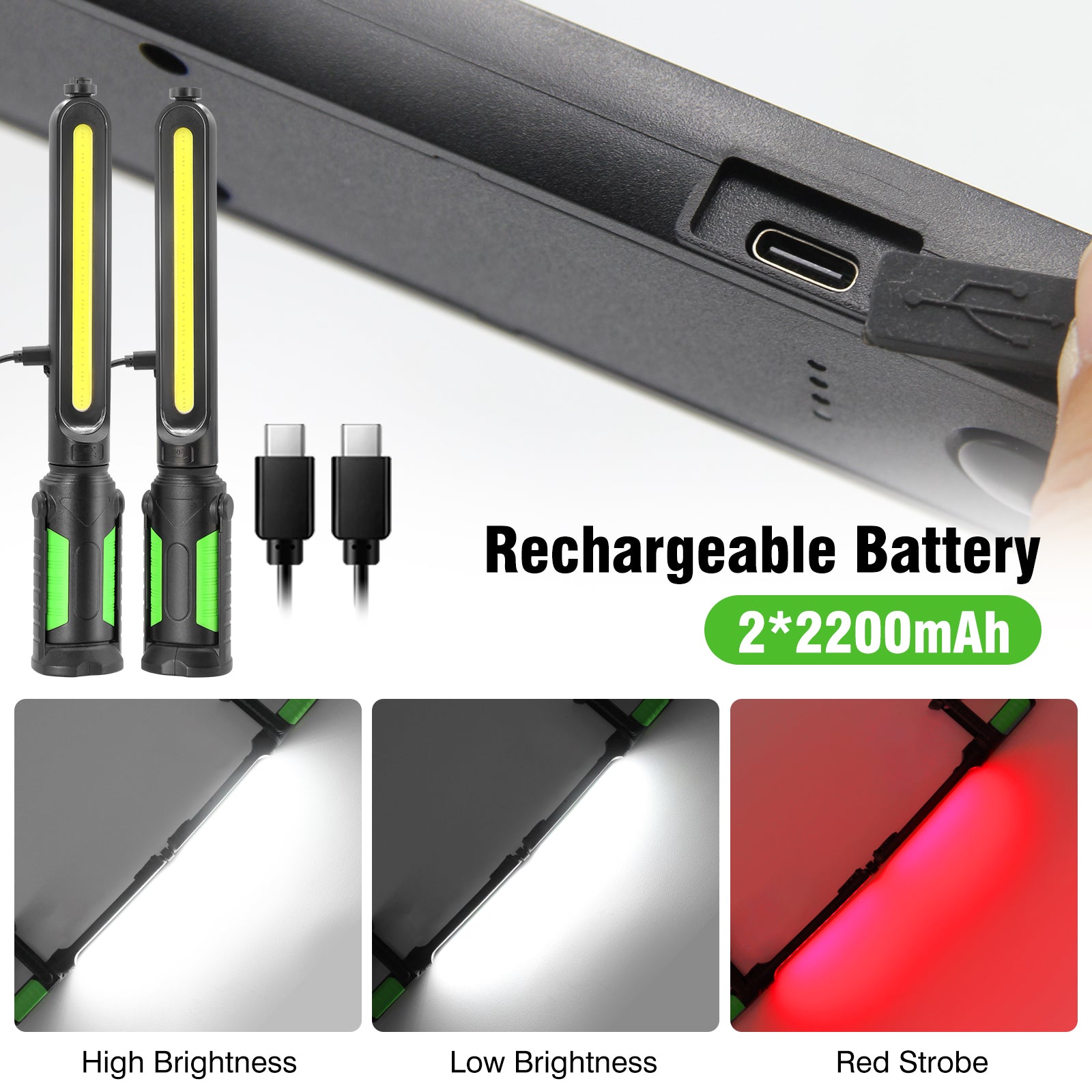 Work Light for Mechanic, 2400LM LED, 4400mAh Rechargeable, Magnetic, Underhood Work Light with Hooks for Car Repairing/Inspection/Garage/Workshop/Emergency