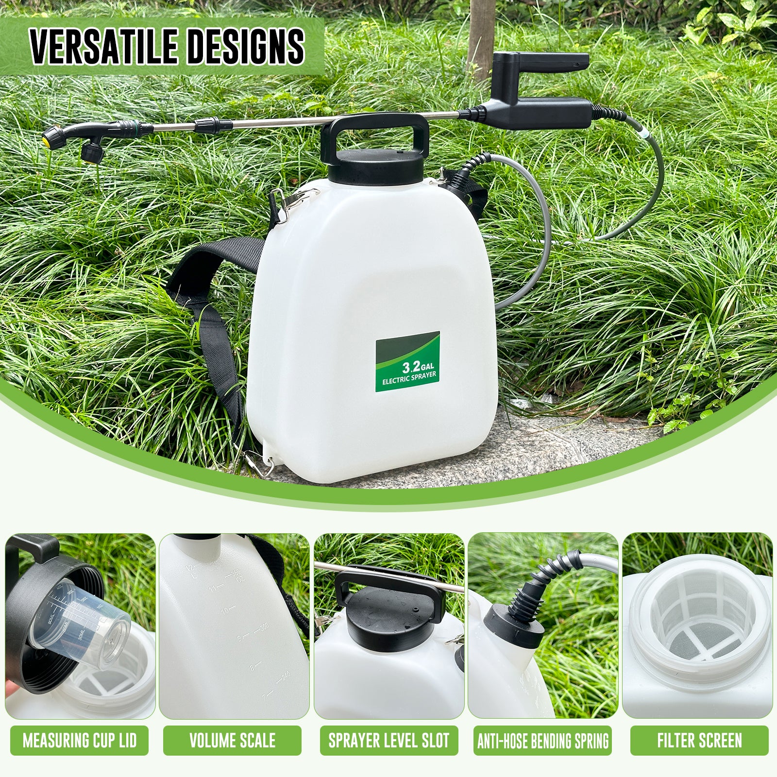 Battery Powered Sprayer 3.2 Gallon, Battery Backpack Sprayer with USB Rechargeable Handle, 5 Mist Nozzles, 32" Telescopic Wand, Electric Back Pack Sprayer for Yard, Lawn and Garden