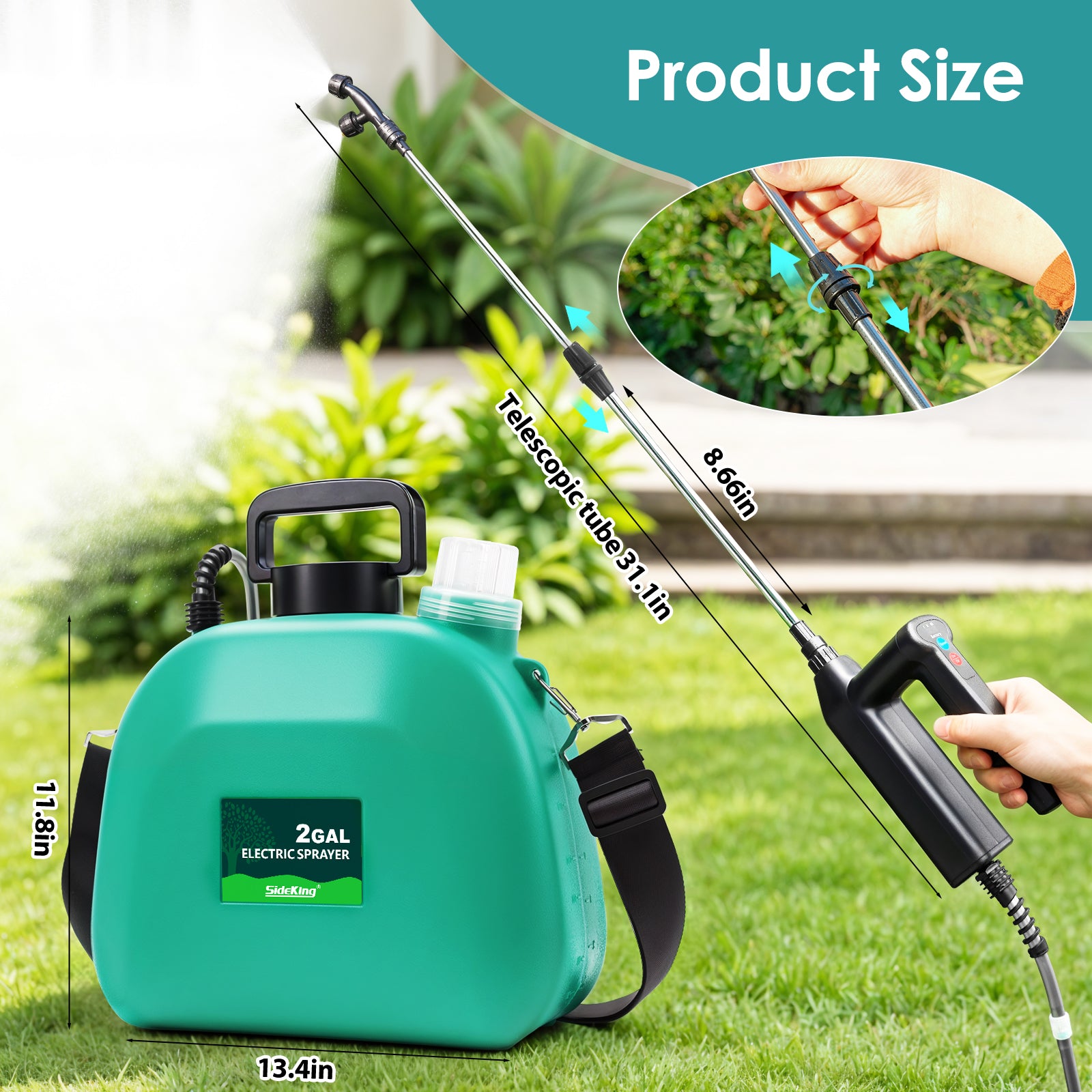 Battery Powered Sprayer 2 Gallon, 2025 Upgraded Electric Weed Sprayer with 3 Spray Forces, Battery Indicator, Rechargeable Handle,4 Mist Nozzles,23.6" Retractable Wand,Shoulder Strap, for Lawn&Garden