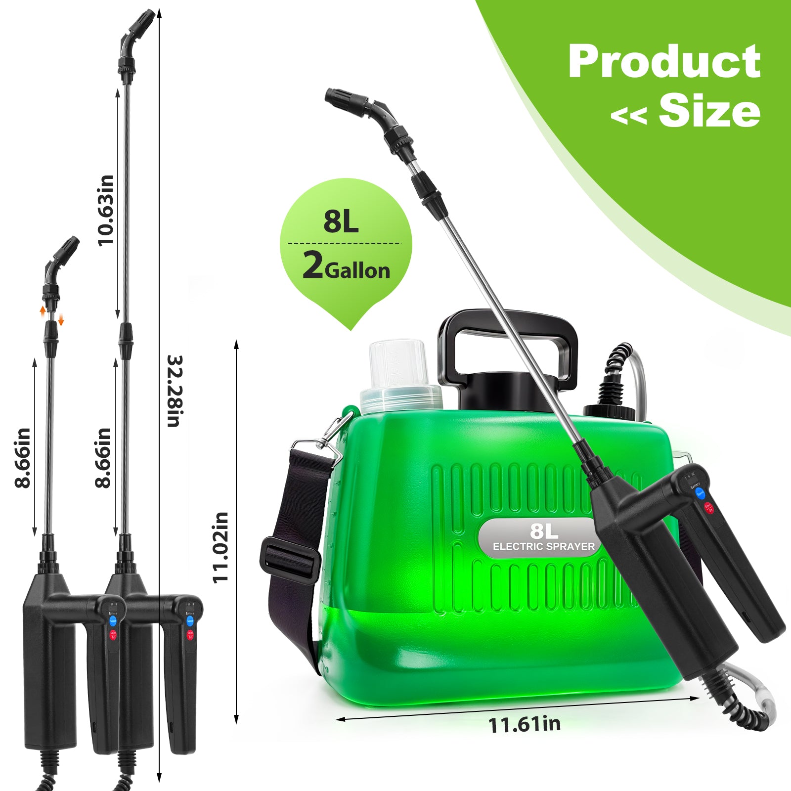 Battery Powered Sprayer 2 Gallon, 2025 New Electric Garden Sprayer with 3 Spray Force, Battery Indicator, Rechargeable Handle, 23.6" Telescopic Wand,4 Mist Nozzles,Shoulder Strap, for Lawn and Garden