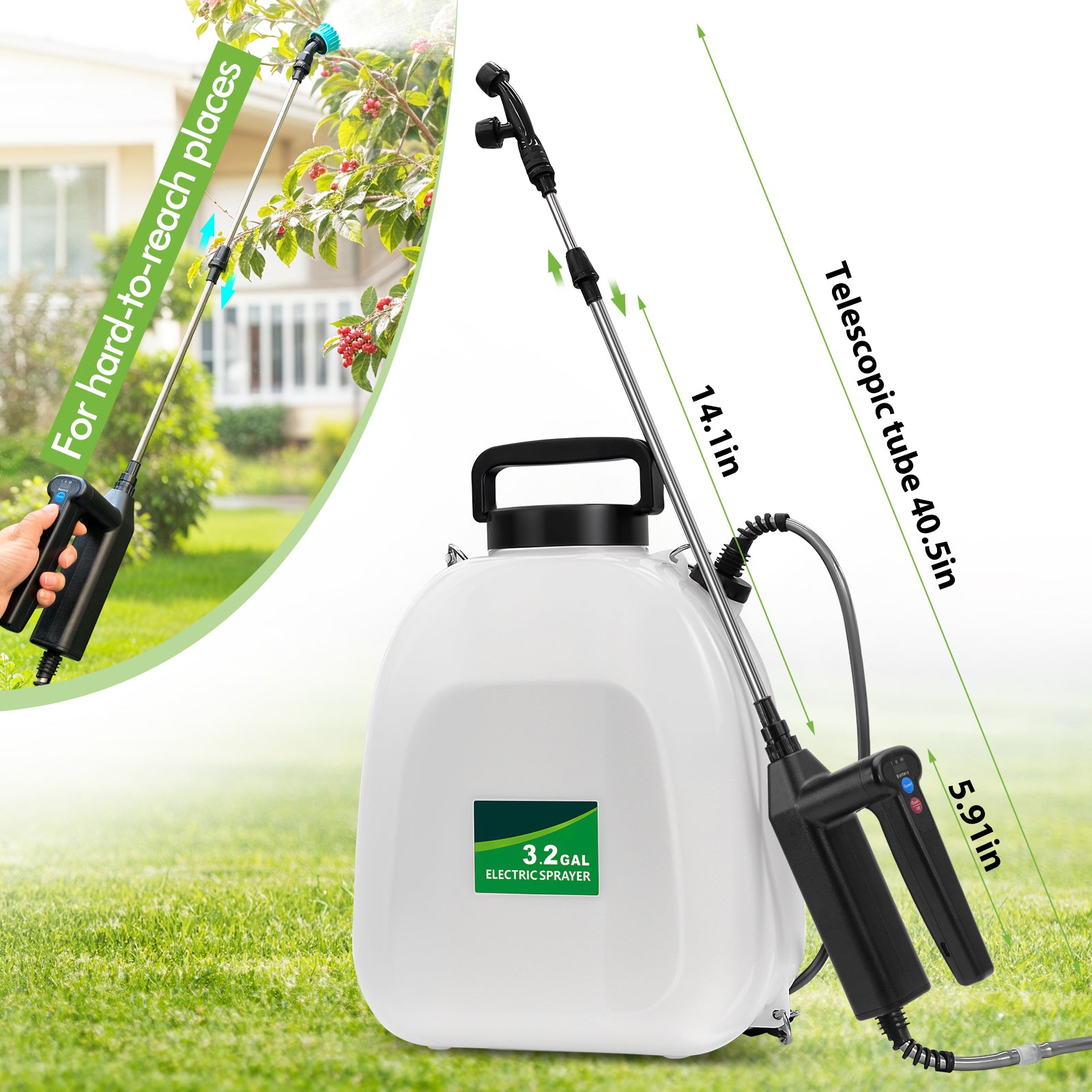 Battery Powered Sprayer 3.2 Gallon, Battery Backpack Sprayer with USB Rechargeable Handle, 5 Mist Nozzles, 32" Telescopic Wand, Electric Back Pack Sprayer for Yard, Lawn and Garden