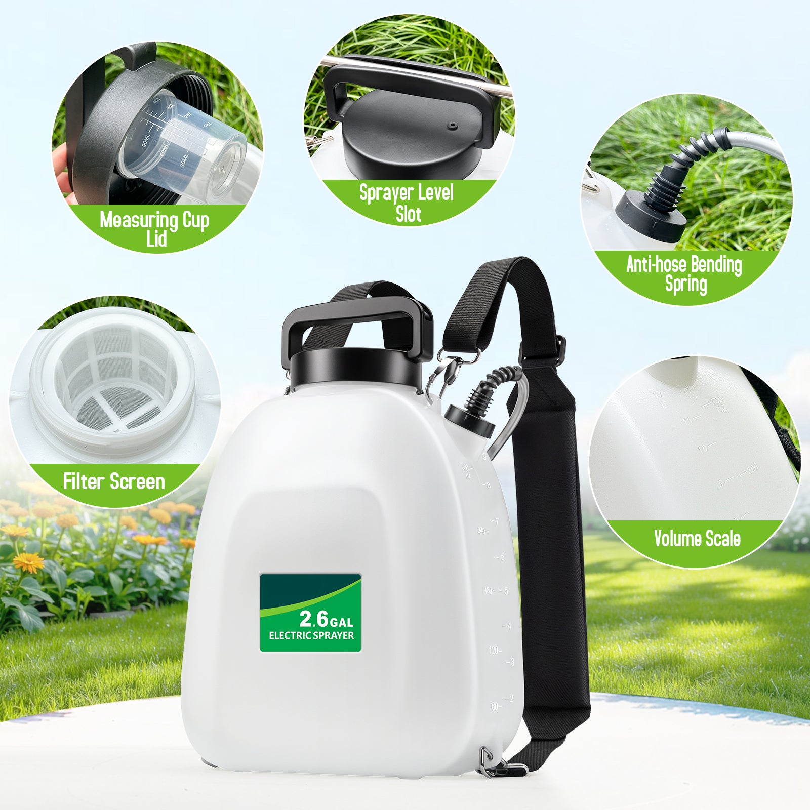 Battery Powered Sprayer 2.6 gallon, Electric Backpack Garden Sprayer with 5 Nozzles & 32" Telescopic Wand, Rechargeable Weed Sprayer for Lawn, Yard