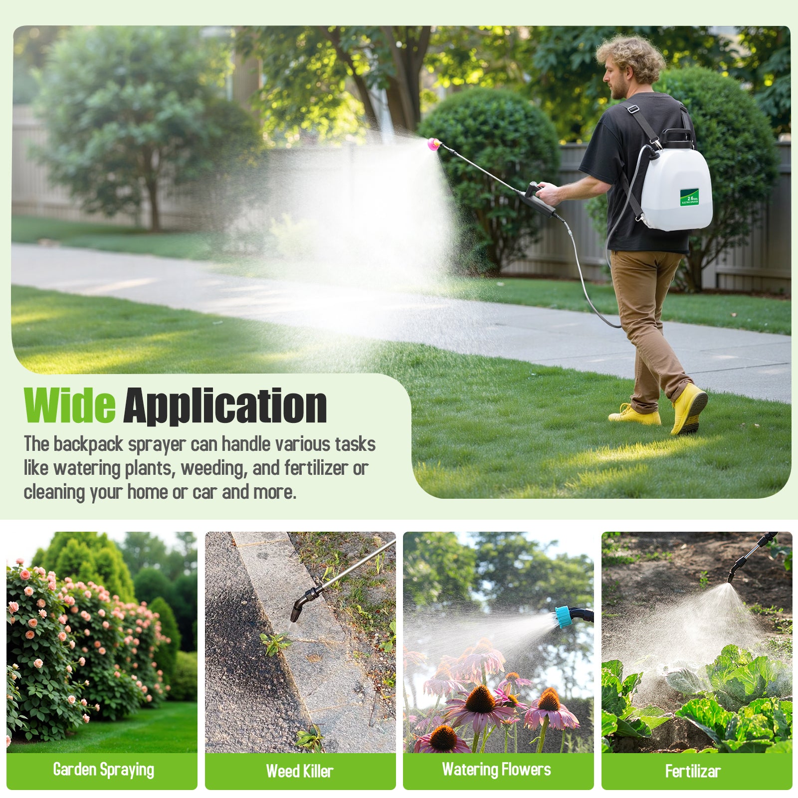 Battery Powered Sprayer 2.6 gallon, Electric Backpack Garden Sprayer with 5 Nozzles & 32" Telescopic Wand, Rechargeable Weed Sprayer for Lawn, Yard