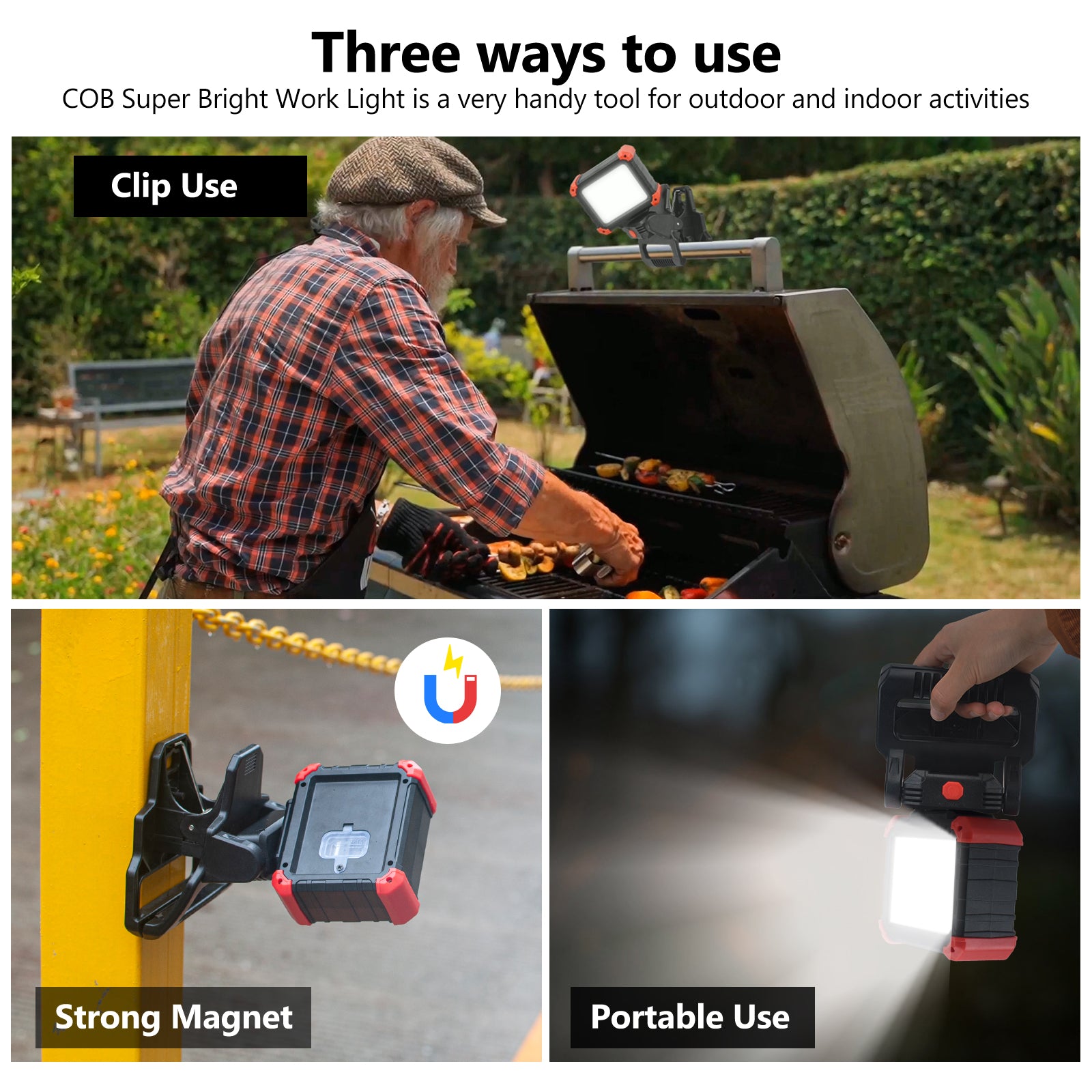 LED Work Light Rechargeable Clamp Magnetic Base, Clip On Shop Light, 3 Modes, 2-Pack, 2100LM COB, IPX5 Waterproof, for Jobsite, Car Repair, BBQ, Emergency Lighting