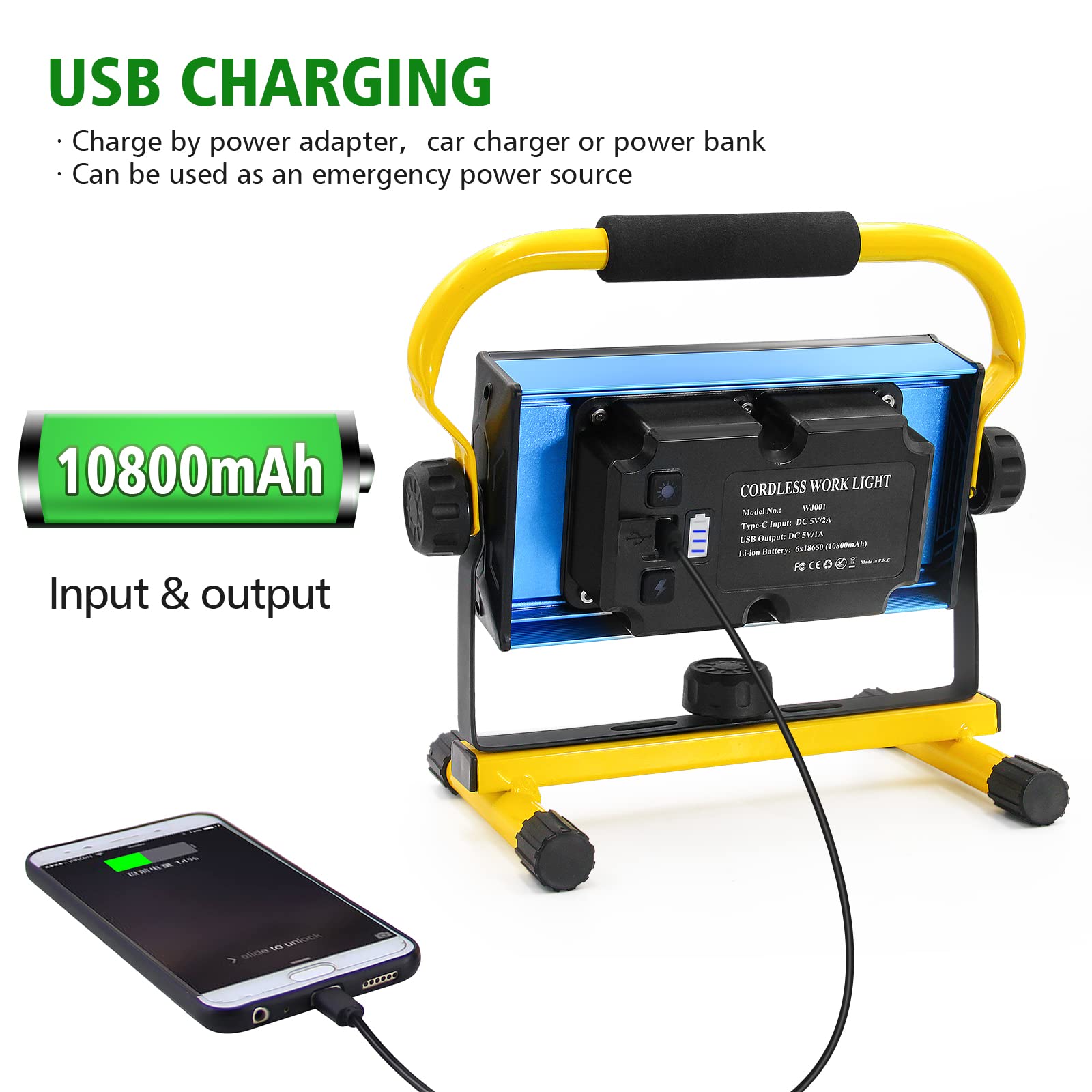 Led Work Light Rechargeable, Waterproof Battery Powered Worklight, 7000 Lumen Super Bright Portable Flood Light with 6 Modes for Outdoor, Garage, Construction, Emergency, Camping