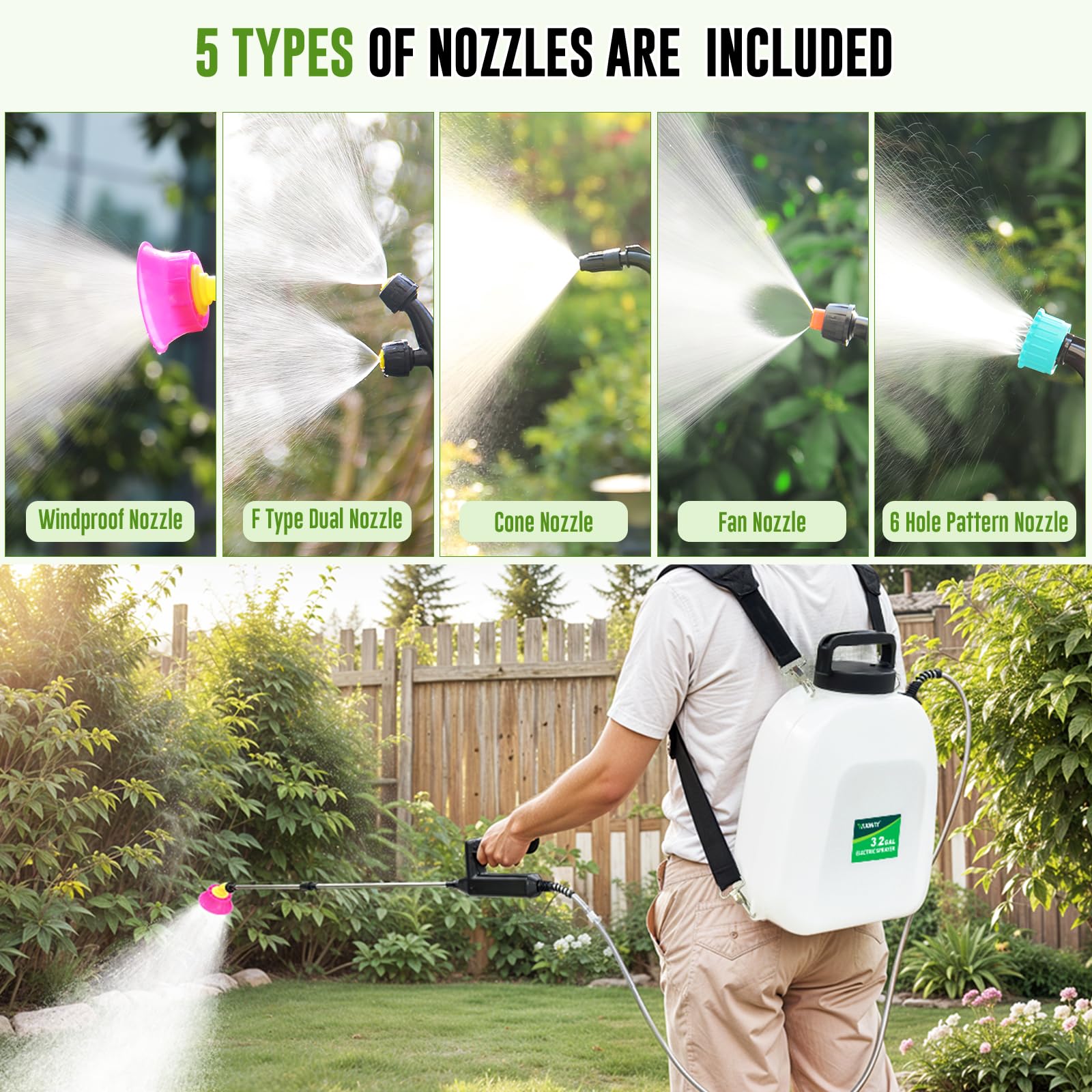 3.2 Gallon Battery Powered Backpack Sprayer, Upgraded Electric Back Pack Sprayer with 3 Spray Force, Battery Indicator, Rechargeable Handle, 41" Telescopic Wand, 5 Mist Nozzles, for Lawn and Garden