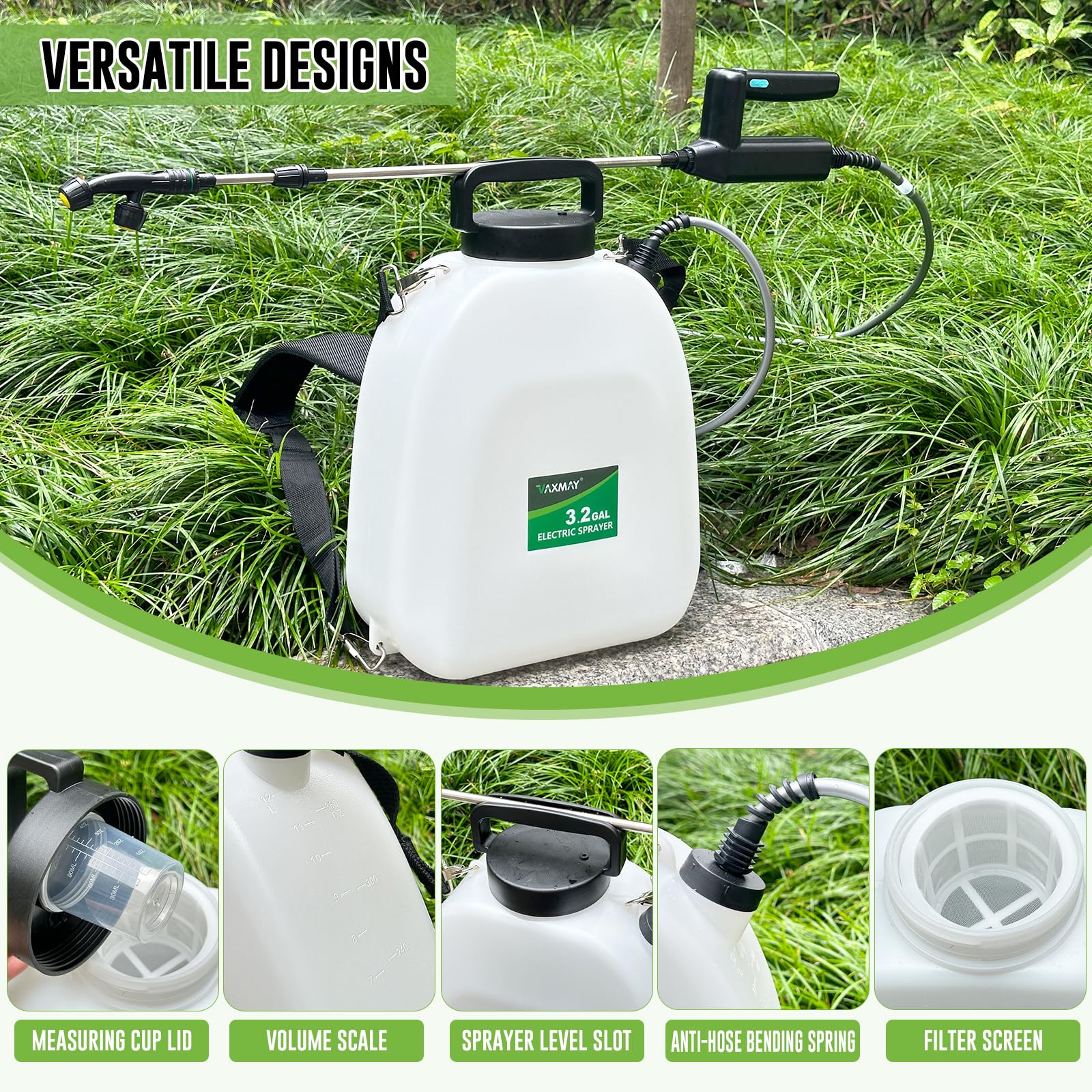 3.2 Gallon Battery Powered Backpack Sprayer, Upgraded Electric Back Pack Sprayer with 3 Spray Force, Battery Indicator, Rechargeable Handle, 41" Telescopic Wand, 5 Mist Nozzles, for Lawn and Garden
