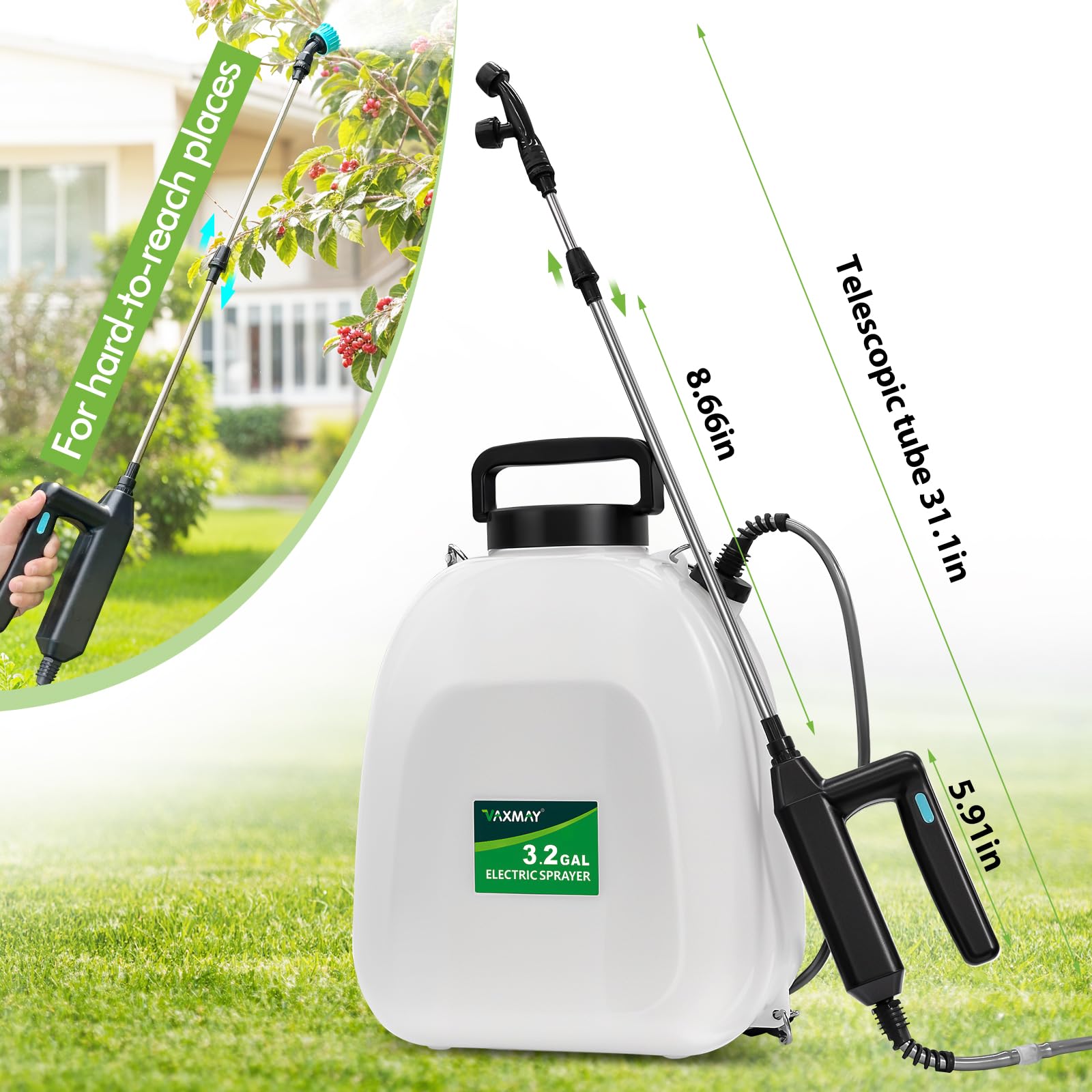 3.2 Gallon Battery Powered Backpack Sprayer, Upgraded Electric Back Pack Sprayer with 3 Spray Force, Battery Indicator, Rechargeable Handle, 41" Telescopic Wand, 5 Mist Nozzles, for Lawn and Garden